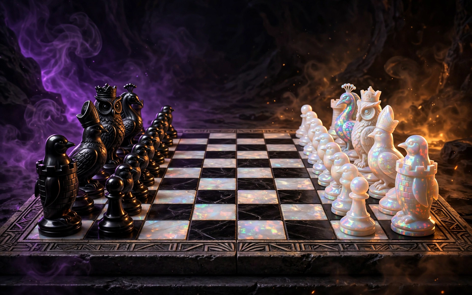 Carved onyx and opal bird chess pieces facing off