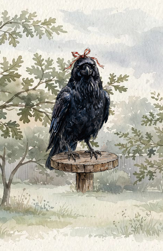 Mabel the crow on her watercolor perch